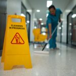 A woman is cleaning a floor with a yellow sign that says "cleaning in progress"